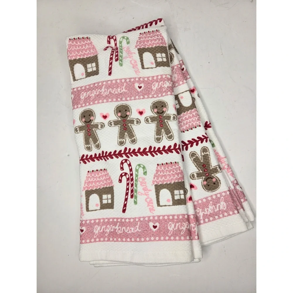 Cupcakes and Cashmere Pink Gingerbread Christmas Kitchen Towels Set of 2